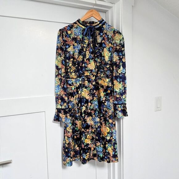 Dalia Macphee Burnout Floral Velvet Metallix Ruffle Runway Dress in Navy - Picture 4 of 16